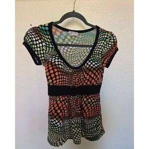 Body Central Y2K Psychedelic Polka Dot Empire Waist Buckle Top